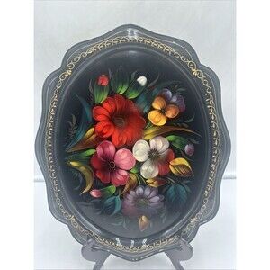 Zhostovo Russian Tole Metal Tray - Signed 15" X 12.25” Hand Painted Flowers